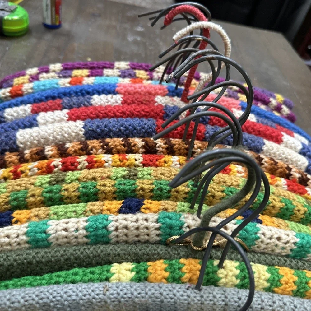 Lot 18 Vintage Crochet Covered Wooden Clothes Hangers Colorful Grannycore